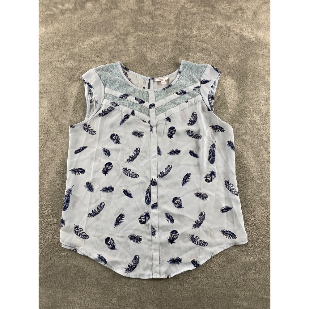 Candies Womens Blue Feather Print Lace Yoke Sleeveless Blouse Top Large L